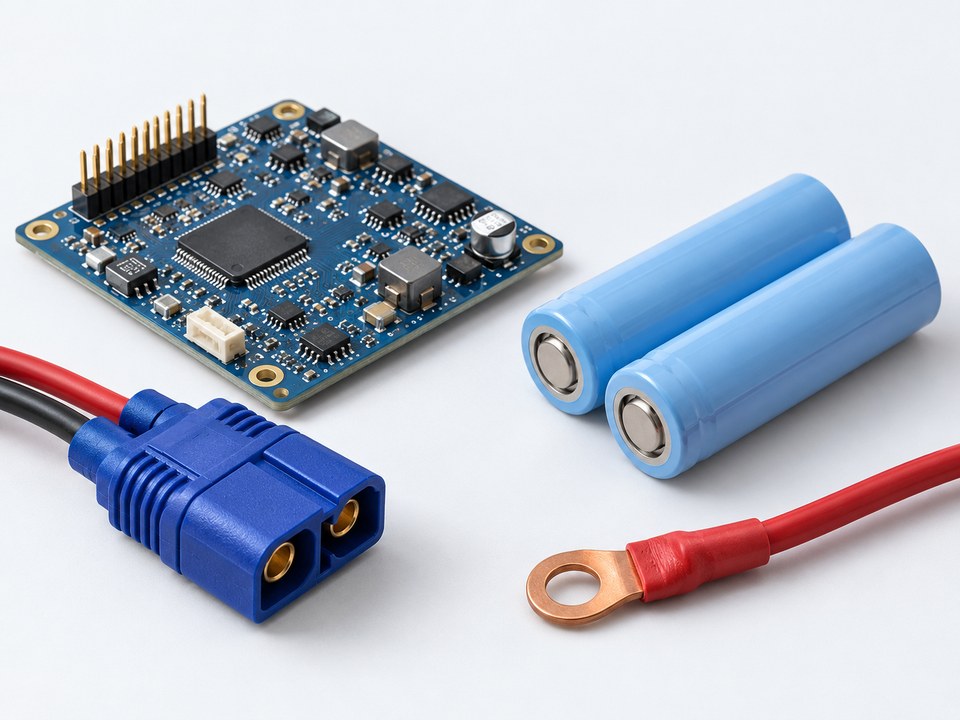 Photorealistic illustration of a circuit board, battery cells, a connector and a ring terminal